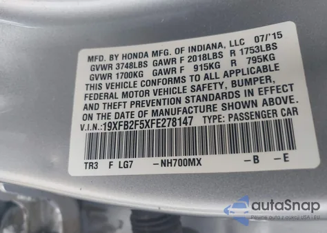 2015 Honda Civic Lx z USA, uszkodzony, nr VIN 19XFB2F5XFE278147